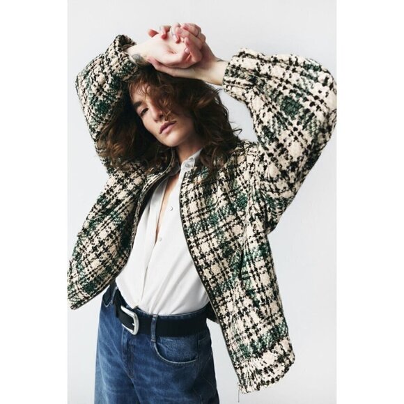 New Zara Plaid Textured Tweed Oversized Bomber Green Chanel Style Jacket NWT XS - Picture 7 of 17